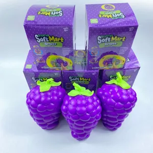 Detailed view of scented purple grape squishy toys with retail packaging