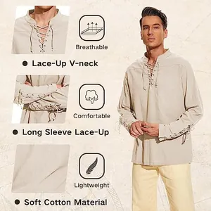 Detailed features of men's vintage lace-up V-neck long sleeve breathable cotton shirt