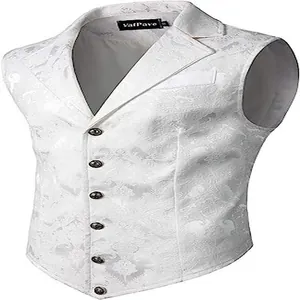 Close-up of a white vintage gothic men's dress vest with jacquard floral pattern and lapels