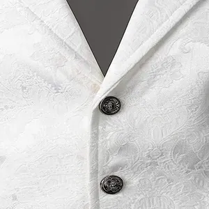 Detail of white medieval gothic vest with embossed floral pattern and metal buttons.