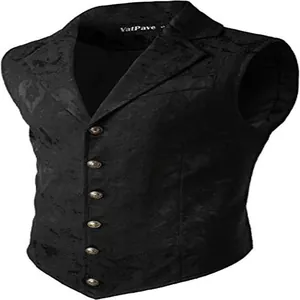 Close-up detail of men's black gothic vest featuring gold buttons and jacquard texture