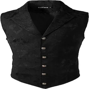 Close-up detail of black Gothic jacquard vest with ornate buttons and notched lapel