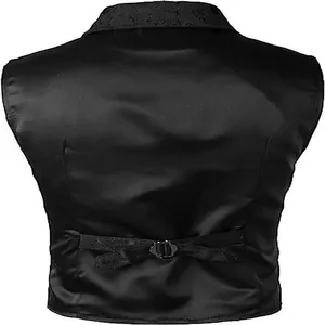 Back view of black gothic vest with damask pattern collar and adjustable strap