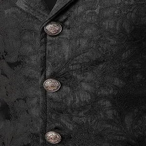 Macro view of black Gothic brocade vest showing fabric texture and ornate vintage buttons