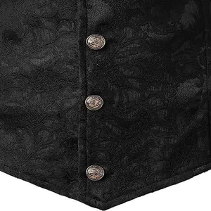 Detail of medieval gothic men's black jacquard vest with vintage bronze embossed buttons