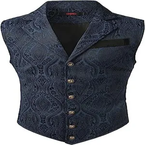 Detailed view of men's navy paisley gothic vest with notched lapel and vintage buttons