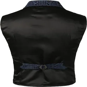 Detailed back view of men's medieval gothic vintage waistcoat vest with blue floral jacquard