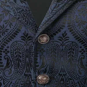 Close-up detail of medieval vintage men's waistcoat featuring navy paisley jacquard fabric