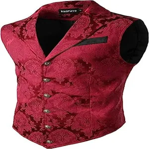 Close-up detail of a vintage red brocade gothic vest featuring intricate floral patterns