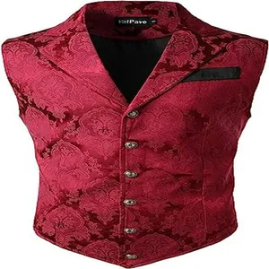 Men's vintage Gothic medieval red jacquard damask vest for formal events or costumes