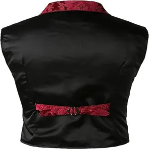 Detailed back view of vintage gothic mens vest featuring exquisite red floral jacquard strap