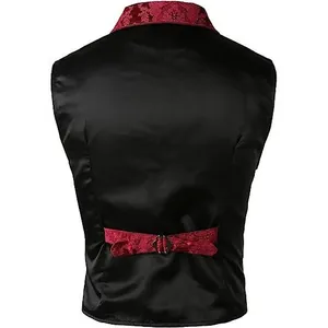 Professional back view of men's medieval gothic waistcoat with red paisley details