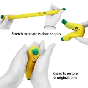 Detail of yellow banana stress toy being stretched and squished by hand for relief