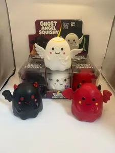 Detailed view of Halloween ghost squishy toys featuring angel and devil designs