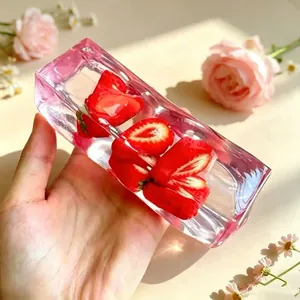 Nahaufnahme eines pinkfarbenen Erdbeer-Eiswürfel-Quetschspielzeugs zur Entspannung