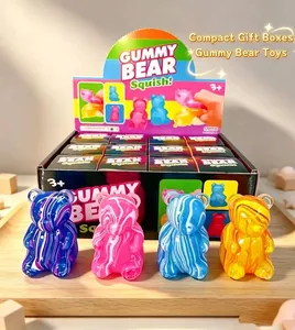 Detail showing colorful marble-patterned gummy bear squishy toys with retail display box
