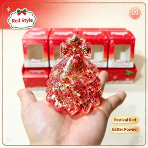 Close-up detail of a festive red Christmas tree squishy toy filled with sparkling glitter