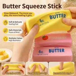Detail view showing the soft slow-rising texture of a realistic butter squishy toy