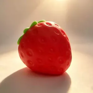 Macro view of a giant red strawberry squishy toy with realistic texture