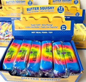 Close-up of 12pcs rainbow butter squishy toys in a professional display box for sensory play