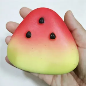 Detailed macro view of slow-rising watermelon squishy toy showing realistic texture