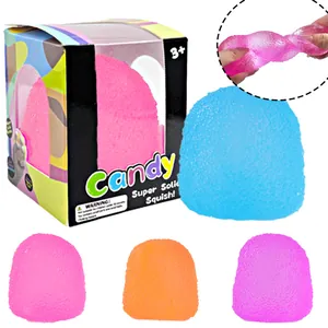 Close-up of colorful candy-shaped maltose squishy toys with stretch demonstration