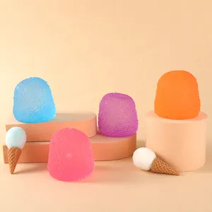 Macro view of colorful candy-shaped sensory squeeze toys with grainy texture on display