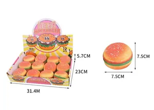 Realistic burger squeeze toy set with 12 pieces and detailed dimensions in cm