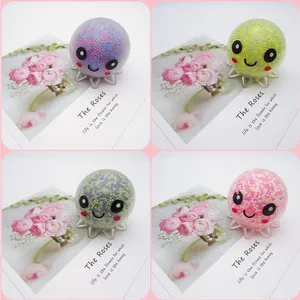 Four colorful octopus squeeze toys with foam beads and cute facial expressions