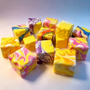 Detailed macro view of colorful marbled textures on PU slow rebound squishy cubes