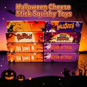 Collection of Halloween themed pumpkin and ghost squishy toys in colorful themed gift boxes