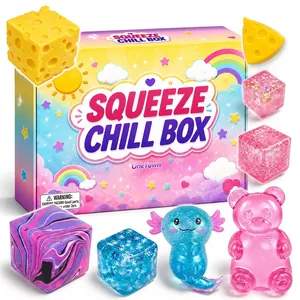 Caja misteriosa de juguetes squeeze con cubos brillantes y figuras blandas