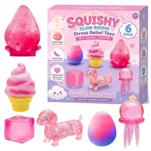 Detailed view of 6-pack pink glitter squishy slow-rising stress relief toys in box