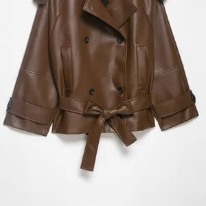 Fashionable brown faux leather short trench coat with waist belt and double-breasted design