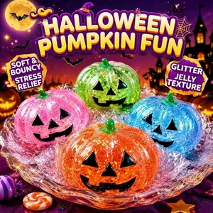 Detailed macro view of colorful glitter Halloween pumpkin squishy stress relief toys.