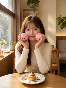 Jeune femme tenant d'adorables jouets à presser baozi roses contre ses joues dans un café