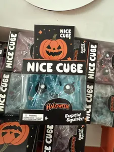 Detailed view of Nice Cube Halloween ghost squishy stress toy in black retail packaging