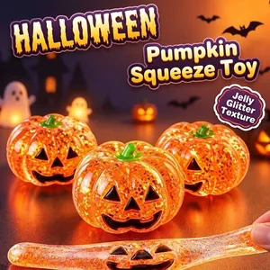 Detailed close-up of jelly-like glitter Halloween pumpkin squeeze toys with slow rebound
