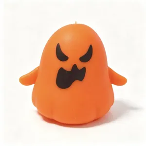 Vista detallada de un juguete para apretar con forma de fantasma naranja para Halloween.