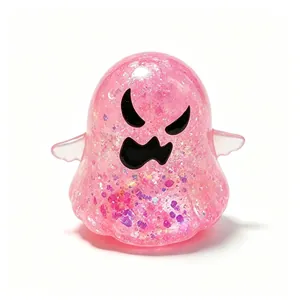 Pink translucent glitter ghost squishy toy with evil face for Halloween stress relief