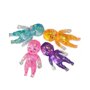 Vierteiliges Set bunter Glitzer-Babypuppen zum Stressabbau in Blau, Orange, Rosa und Lila.