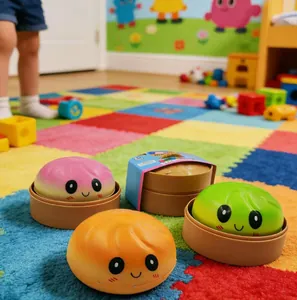 Colorful cute steamed bun squishy toys for stress relief in a bright playroom setting