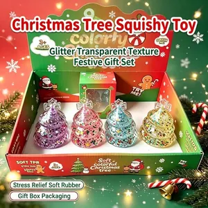 Colorful glitter-filled Christmas tree squishy toy set in festive holiday gift box packaging