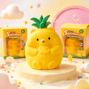 Cute scented pineapple bear squishy toy for stress relief on cream display stand.