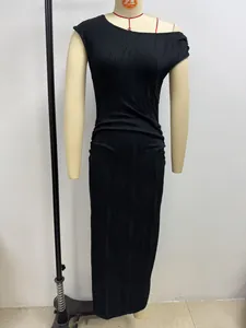 Detail view showing the unique water ripple texture on this elegant black one-shoulder dress.