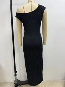 Back view of black water ripple pleated one-shoulder dress on mannequin