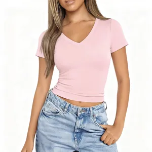 Damen V-Ausschnitt T-Shirt in Rosa, schmale Passform, weiche Milchseide