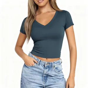 Klassisches schmal geschnittenes Damen-T-Shirt mit V-Ausschnitt in Dunkelblau-Teal