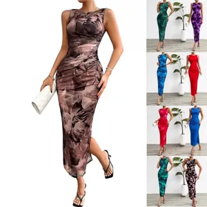 Γυναικείο Αμάνικο Φόρεμα Bodycon Αφηρημένο Μαρμάρινο Μοτίβο με Σούρες Πλευρικό Σκίσιμο Σέξι Καλοκαιρινό Πολυεστέρας Μίντι