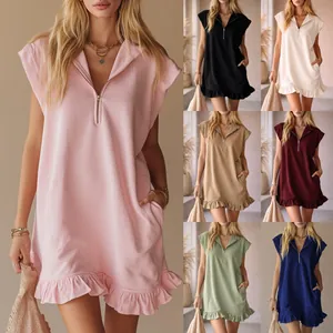 Sleeveless ruffle hem dress with zipper V-neck in multiple colors including pink and blue